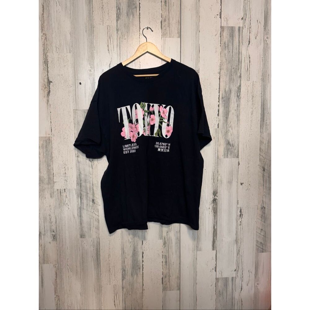 Tokyo Floral Graphic Tee Black Short Sleeve T-Shirt 3XL Cotton Streetwear